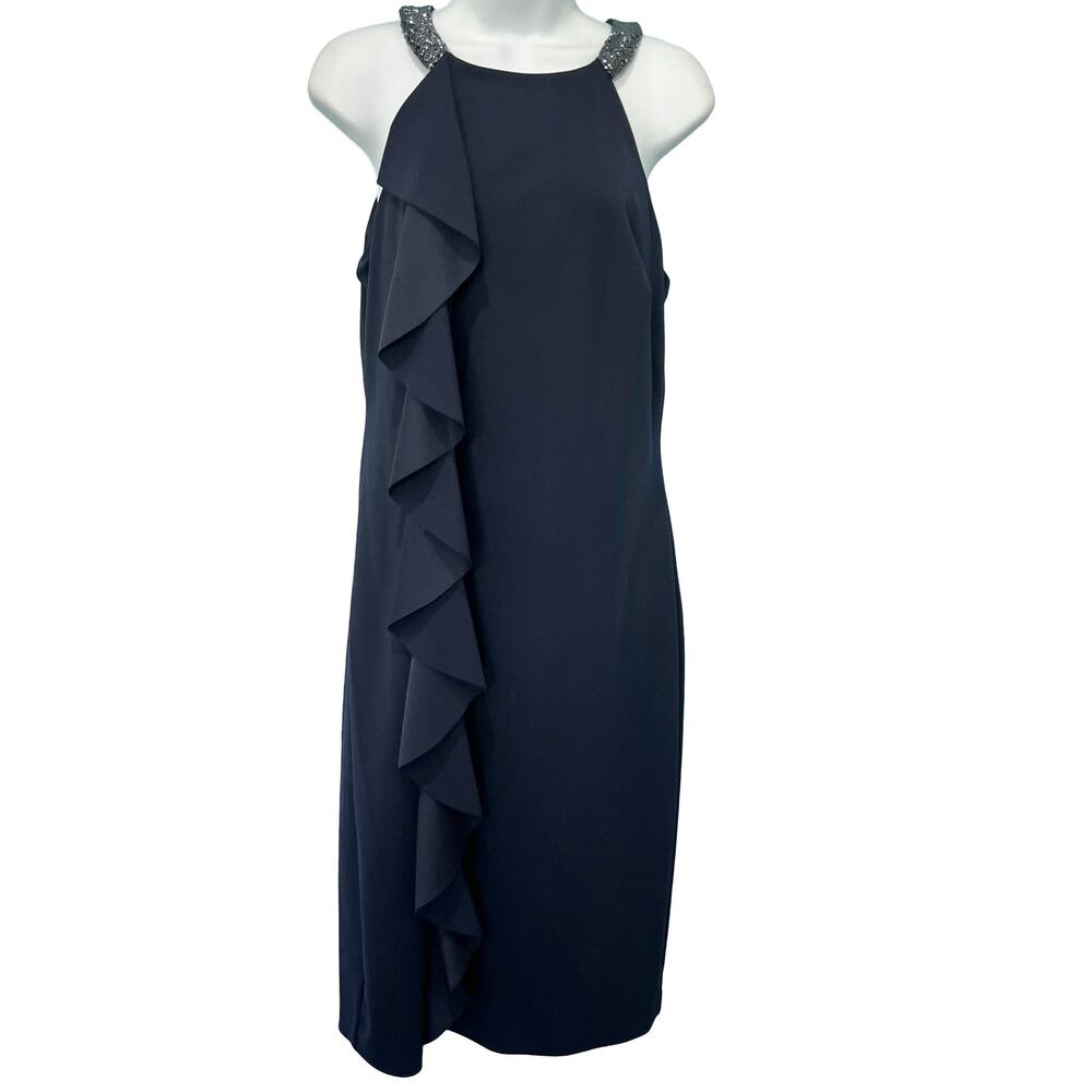 Lauren Ralph Lauren Navy Blue Beaded Halter Ruffle Sheath Dress size 10 NEW Tags